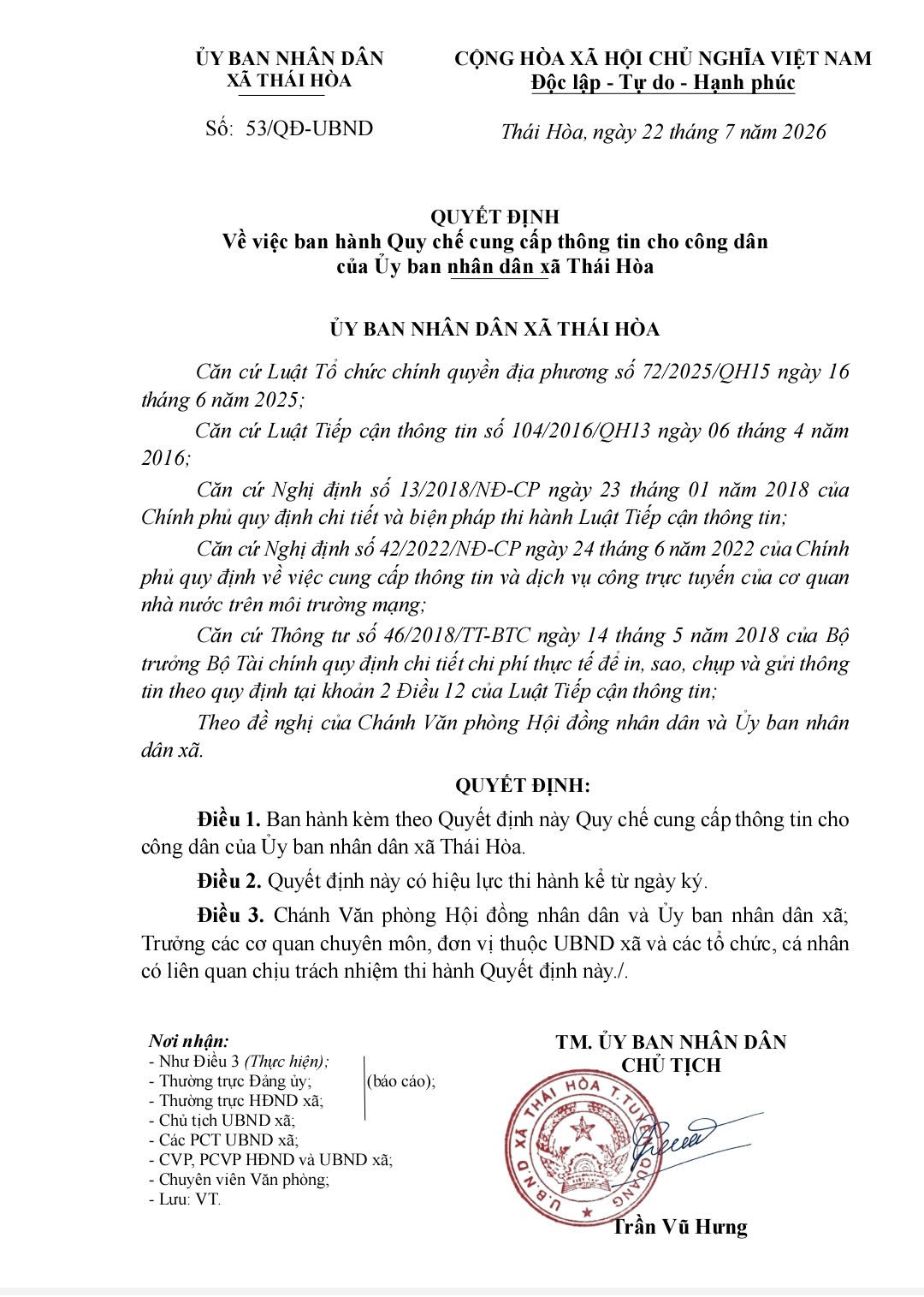 QUYẾT ĐỊNH: Về việc ban hành Quy chế cung cấp thông tin cho công dân của Ủy ban nhân dân xã Thái Hòa