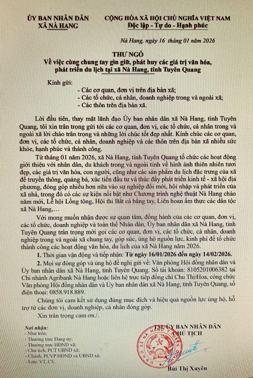 Thư ngỏ về việc chung tau gìn giữ, phát huy các giá trị văn hóa, phát triển du lịch tại xã Nà Hang, tỉnh Tuyên Quang
