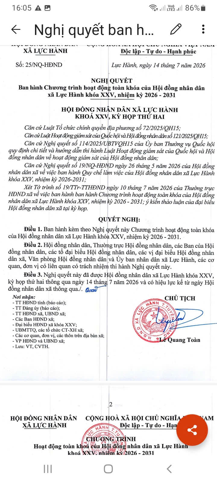 NGHỊ QUYẾT Ban hành Chương trình hoạt động toàn khóa của Hội đồng nhân dân xã Lực Hành khóa XXV, nhiệm kỳ 2026 - 2031