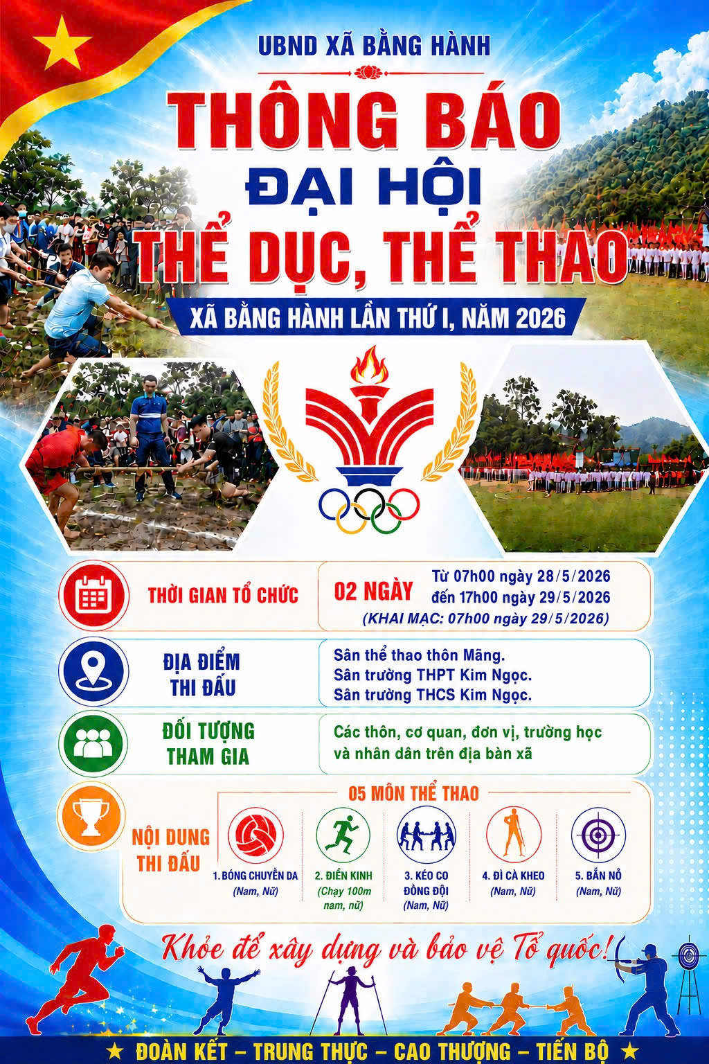 Thiết thực chào mừng các ngày lễ lớn của đất nước, nhằm đẩy mạnh phong trào “Toàn dân rèn luyện thân thể theo gương Bác Hồ vĩ đại”, Ủy ban nhân dân xã Bằng Hành long trọng tổ chức Đại hội Thể dục thể thao xã Bằng Hành lần thứ nhất năm 2026.