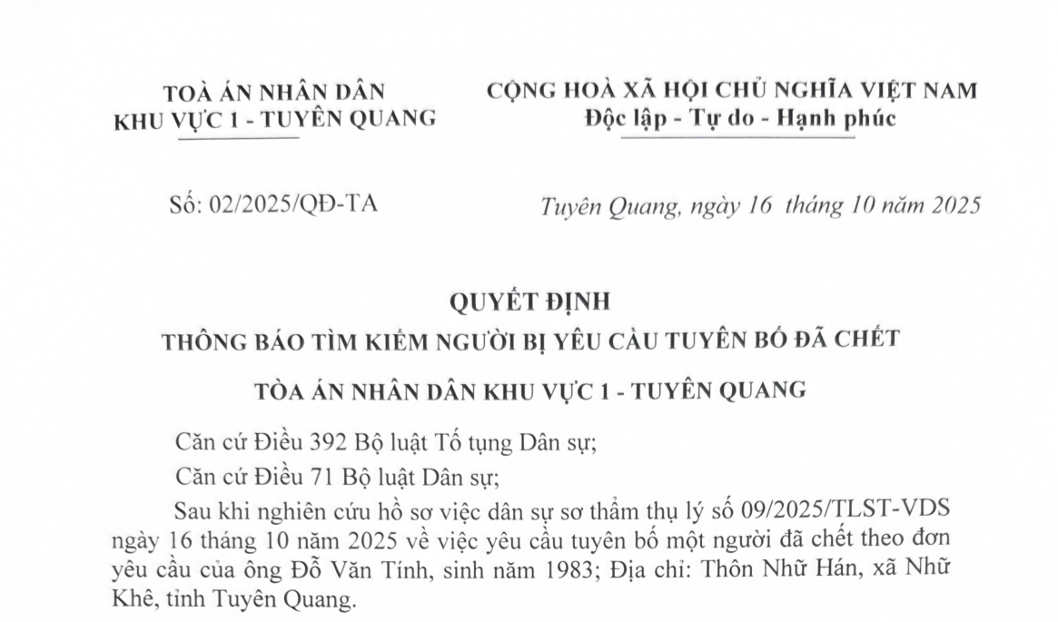 Thông báo tìm người bị yêu cầu tuyên bố đã chết 