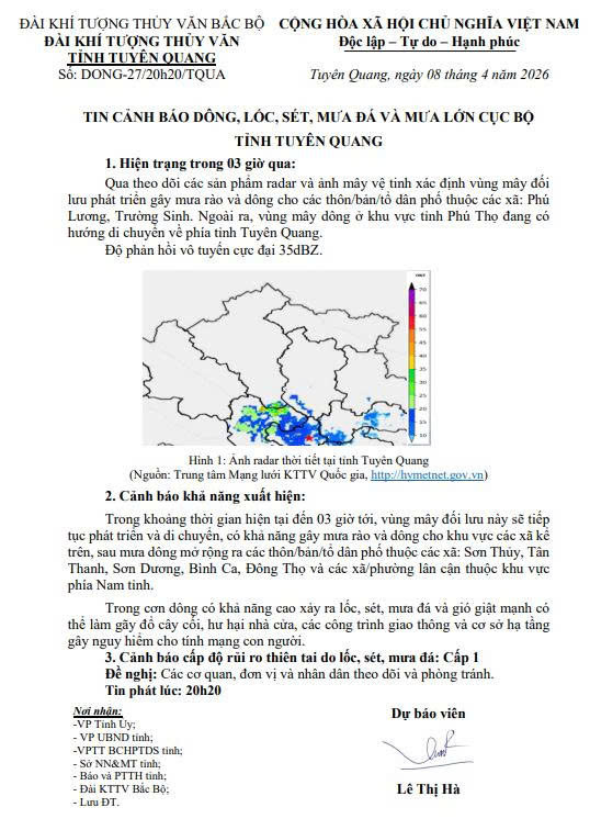 Tin cảnh báo dông, lốc, sét, mưa đá và  mưa lớn cục bộ tỉnh Tuyên Quang