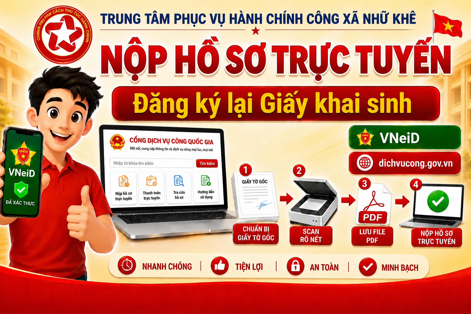 Trung tâm Phục vụ Hành chính công, hướng dẫn người dân Đăng ký lại Giấy khai sinh trên Cổng Dịch vụ công Quốc gia.