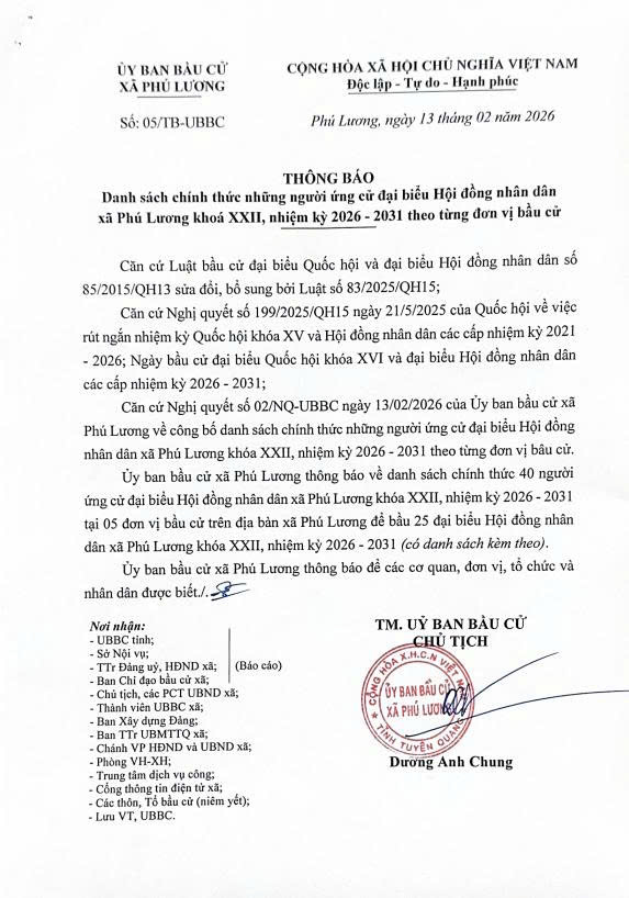 XÃ PHÚ LƯƠNG CÔNG BỐ DANH SÁCH CHÍNH THỨC NGƯỜI ỨNG CỬ ĐẠI BIỂU HĐND XÃ KHÓA XXII, NHIỆM KỲ 2026 – 2031