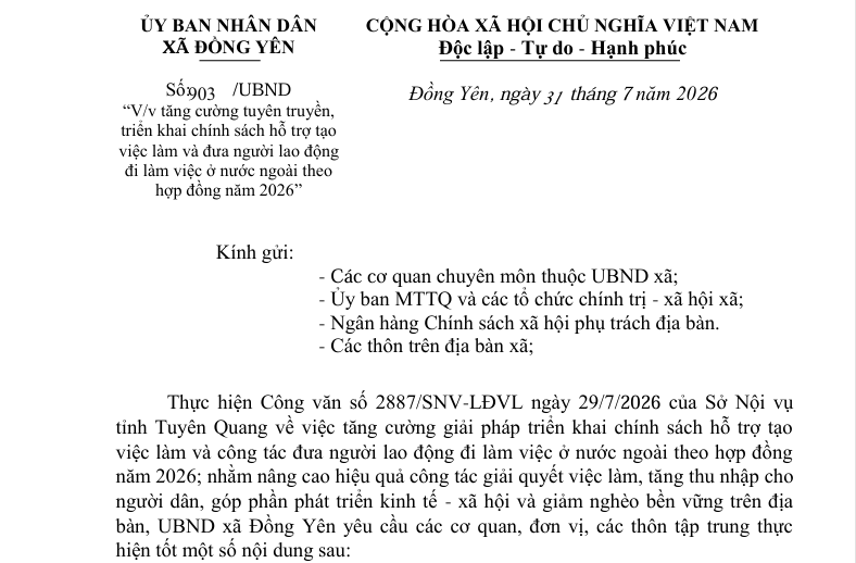 Số: 903/UBND  “V/v tăng cường tuyên truyền,  triển khai chính sách hỗ trợ tạo  việc làm và đưa người lao động  đi làm việc ở nước ngoài theo  hợp đồng năm 2026” 
