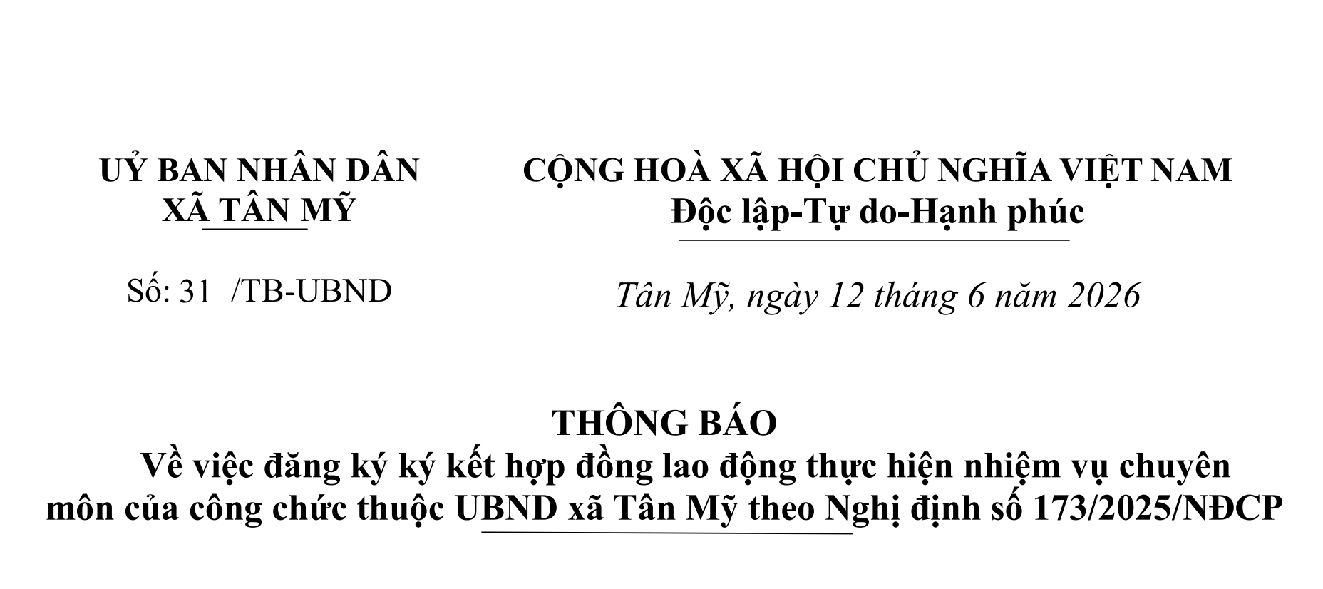 THÔNG BÁO Về việc đăng ký ký kết hợp đồng lao động thực hiện nhiệm vụ chuyên môn của công chức thuộc UBND xã Tân Mỹ theo Nghị định số 173/2025/NĐCP
