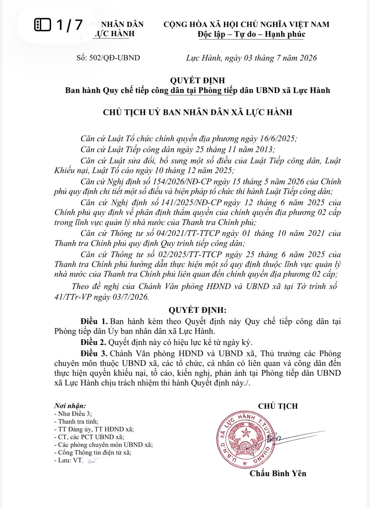 Quyết đinh số 502/QĐ-UBND của UBND xã Lực Hành về Ban hành Quy chế tiếp công dân tại Phòng tiếp dân UBND xã