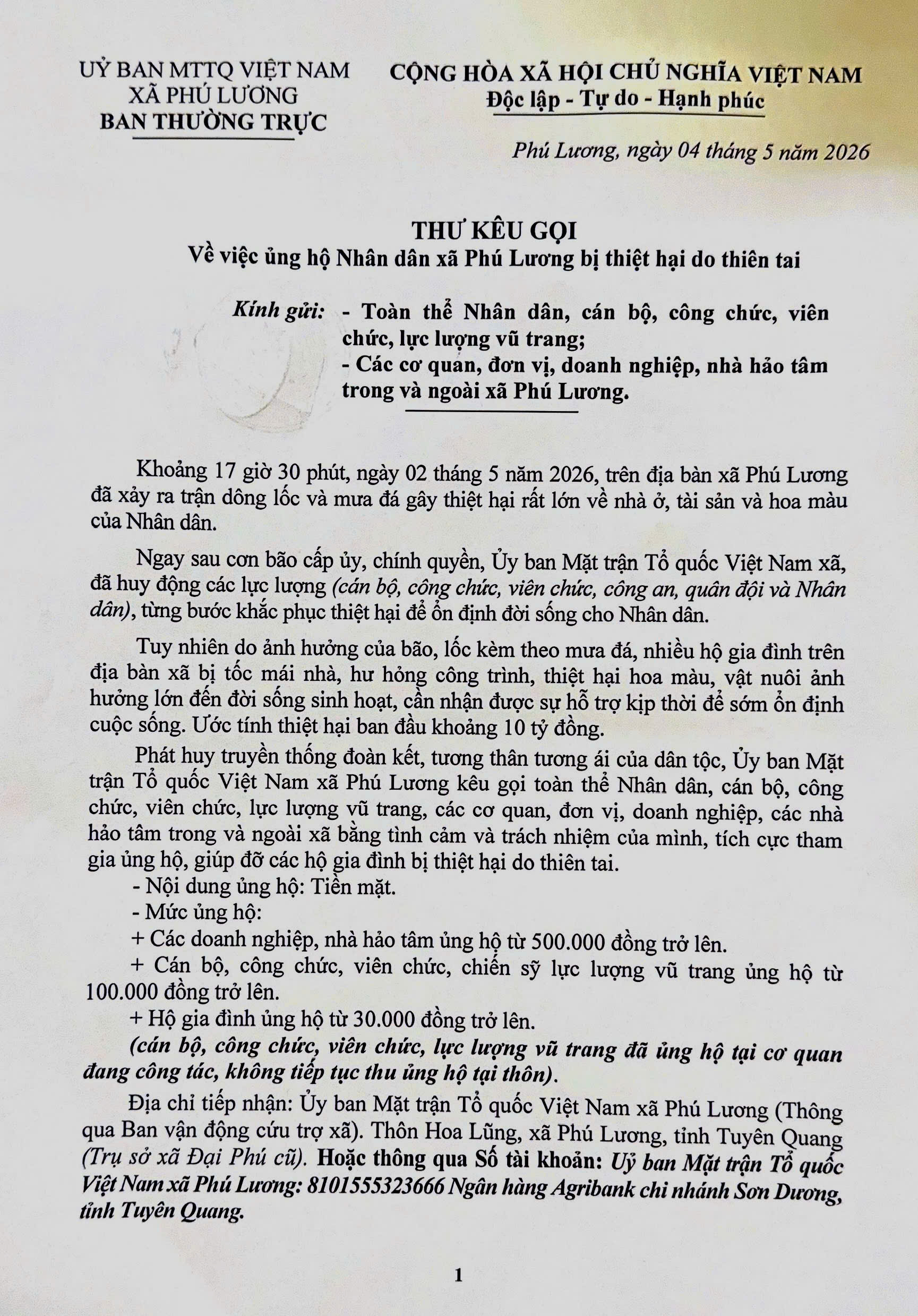 XÃ PHÚ LƯƠNG KÊU GỌI ỦNG HỘ NHÂN DÂN BỊ THIỆT HẠI DO DÔNG LỐC, MƯA ĐÁ