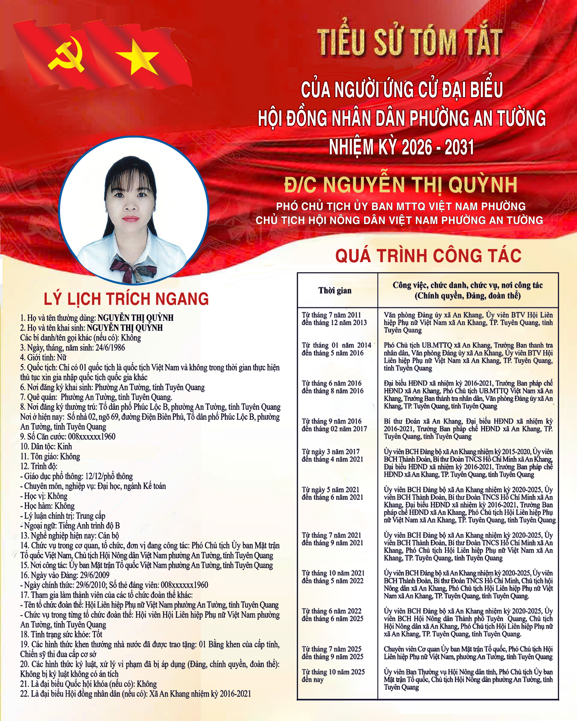 TIỂU SỬ TÓM TẮT NHỮNG NGƯỜI ỨNG CỬ ĐẠI BIỂU HĐND PHƯỜNG AN TƯỜNG KHÓA XX, NHIỆM KỲ 2026 - 2031 TẠI ĐƠN VỊ BẦU CỬ SỐ 4