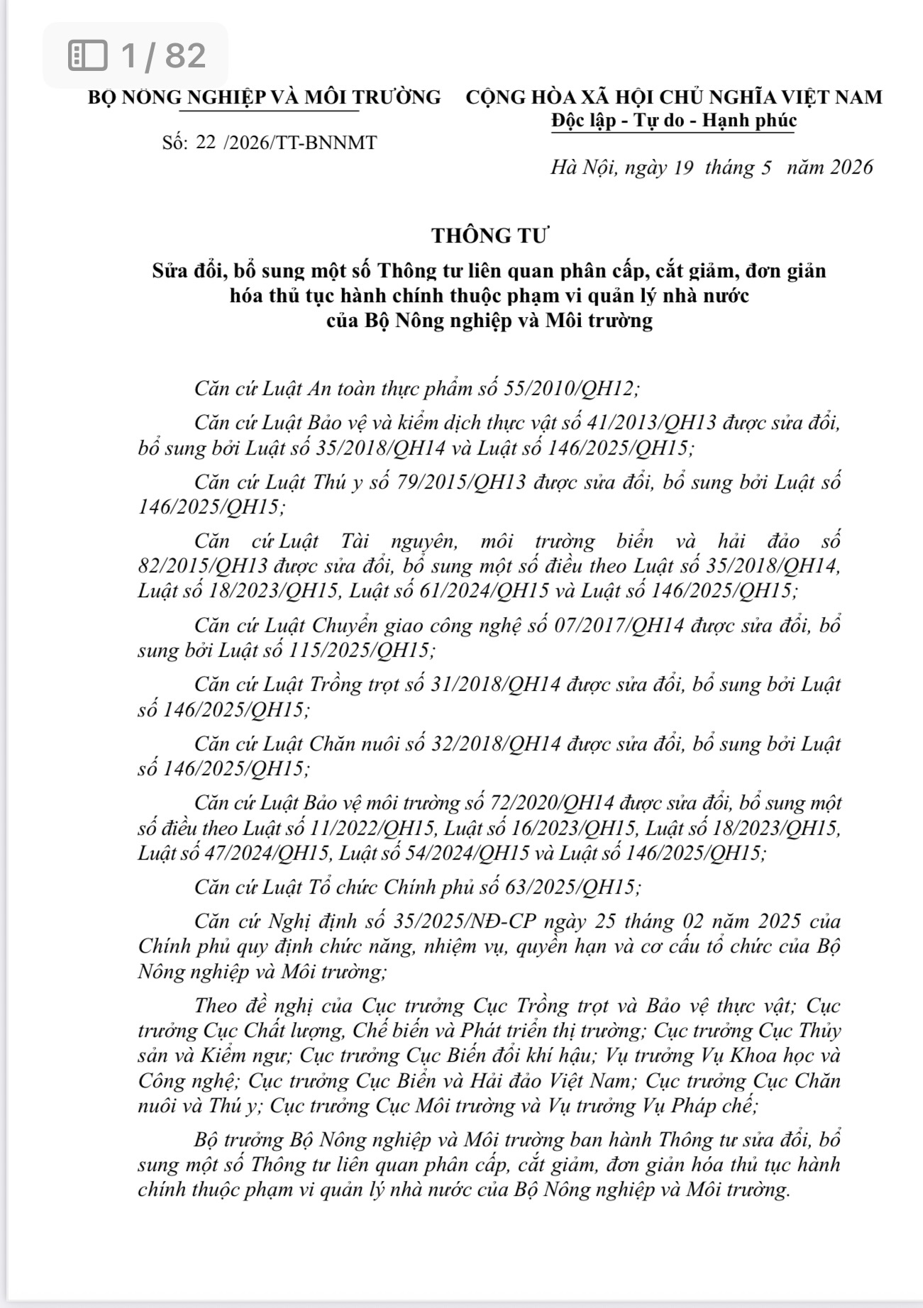 THÔNG TƯ: Sửa đổi, bổ sung một số Thông tư liên quan phân cấp, cắt giảm, đơn giản hóa thủ tục hành chính thuộc phạm vi quản lý nhà nước của Bộ Nông nghiệp và Môi trường