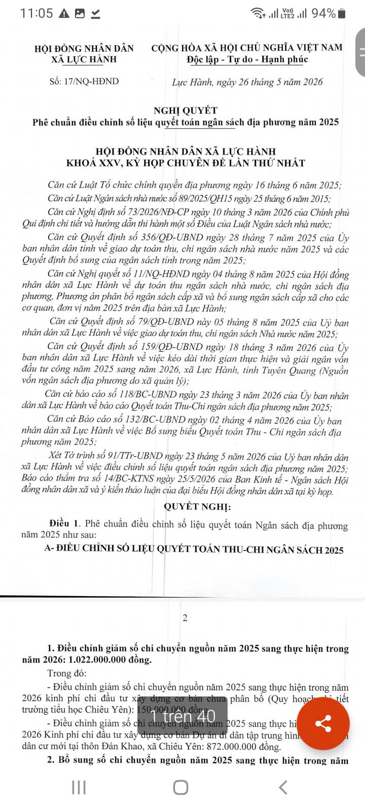 NQ số 17/NQ-HĐND NGHỊ QUYÉT Phê chuẩn điều chính số liệu quyết toán ngân sách địa phương năm 2025