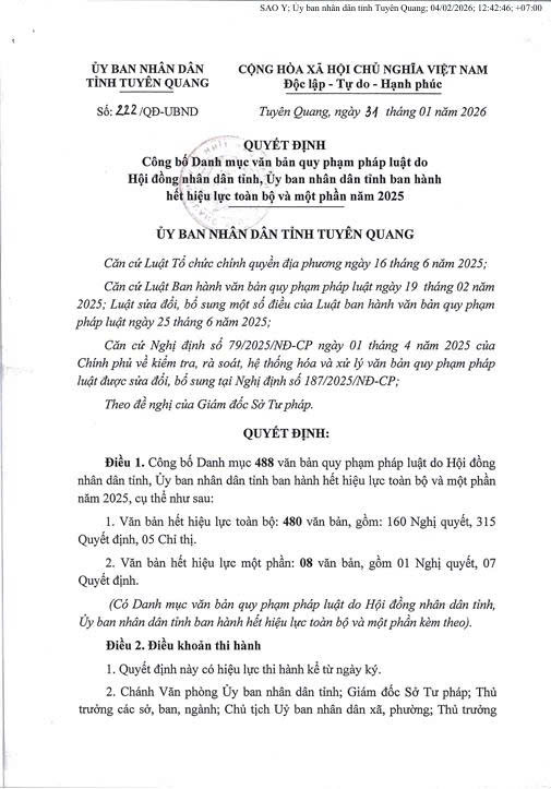 Công bố Quyết định Danh mục văn bản quy phạm pháp luật do Hội đồng nhân dân tỉnh, Ủy ban nhân dân tỉnh ban hành hết hiệu lực toàn bộ và một phần năm 2025