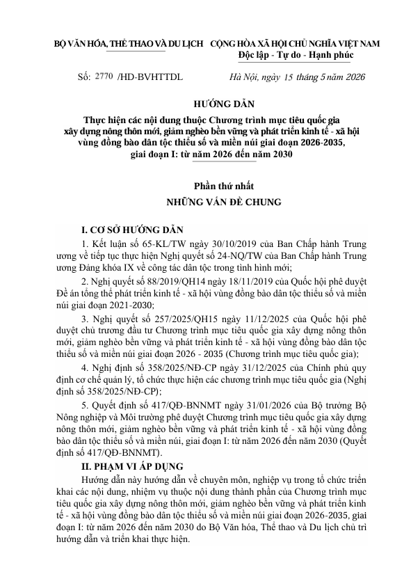 Hướng dẫn số 2770/HD BVHTTDL ngày 15/5/2026 của Bộ Văn hóa, Thể thao và Du lịch hướng dẫn thực hiện các nội dung thuộc Chương trình MTQG xây dựng NTM, GNBV và phát triển KT-XH vùng đồng bào DTTS&MN giai đoạn 2026-2035, giai đoạn I: từ năm 2026 đến năm 2030