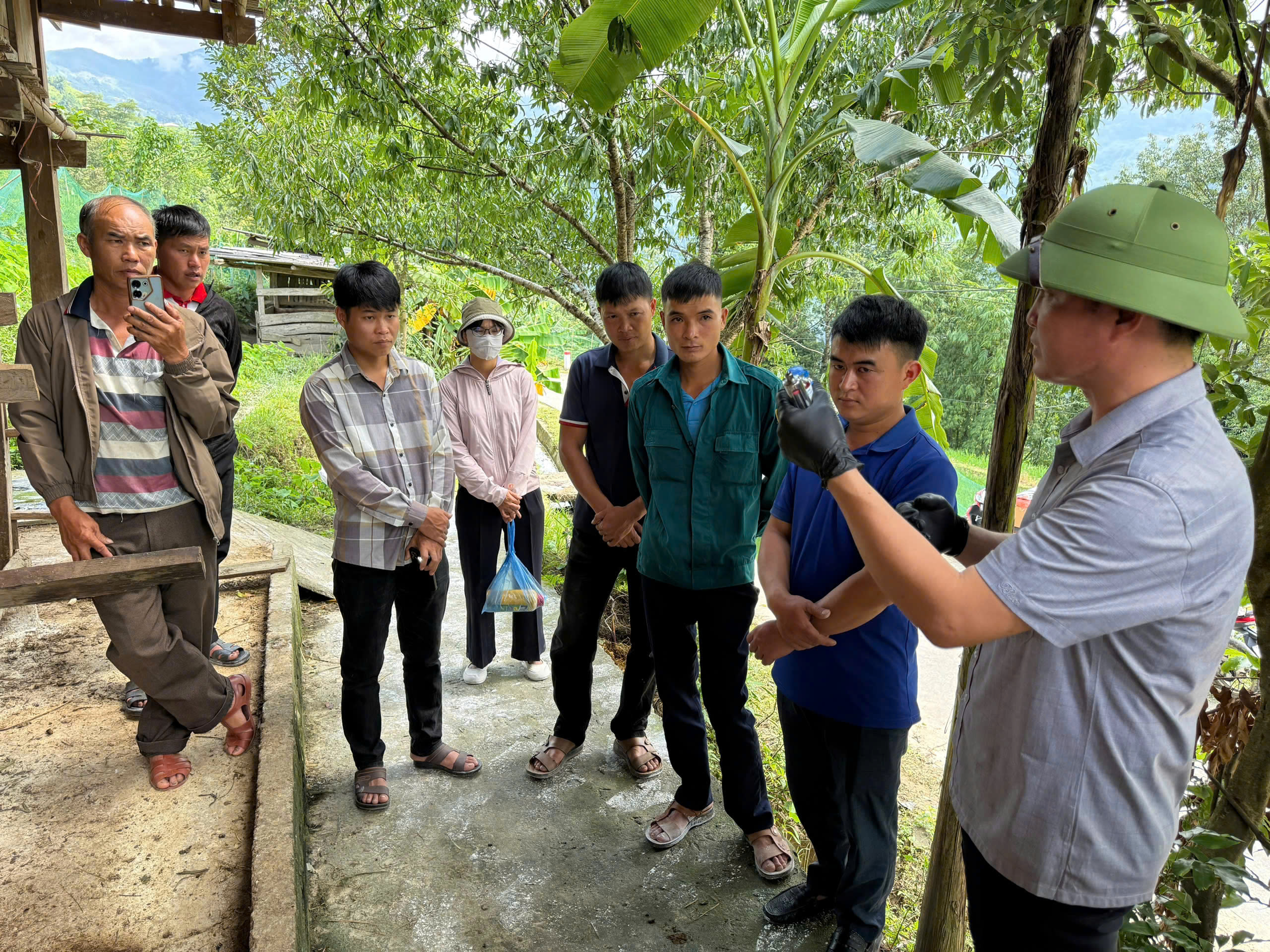 Phòng Kinh tế xã Thàng Tín phối hợp với Trạm Chăn nuôi, Thú y và Thủy sản khu vực IV tập huấn hướng dẫn tiêm phòng bệnh viêm da nổi cục và phun thuốc tiêu độc khử trùng cho đàn trâu, bò