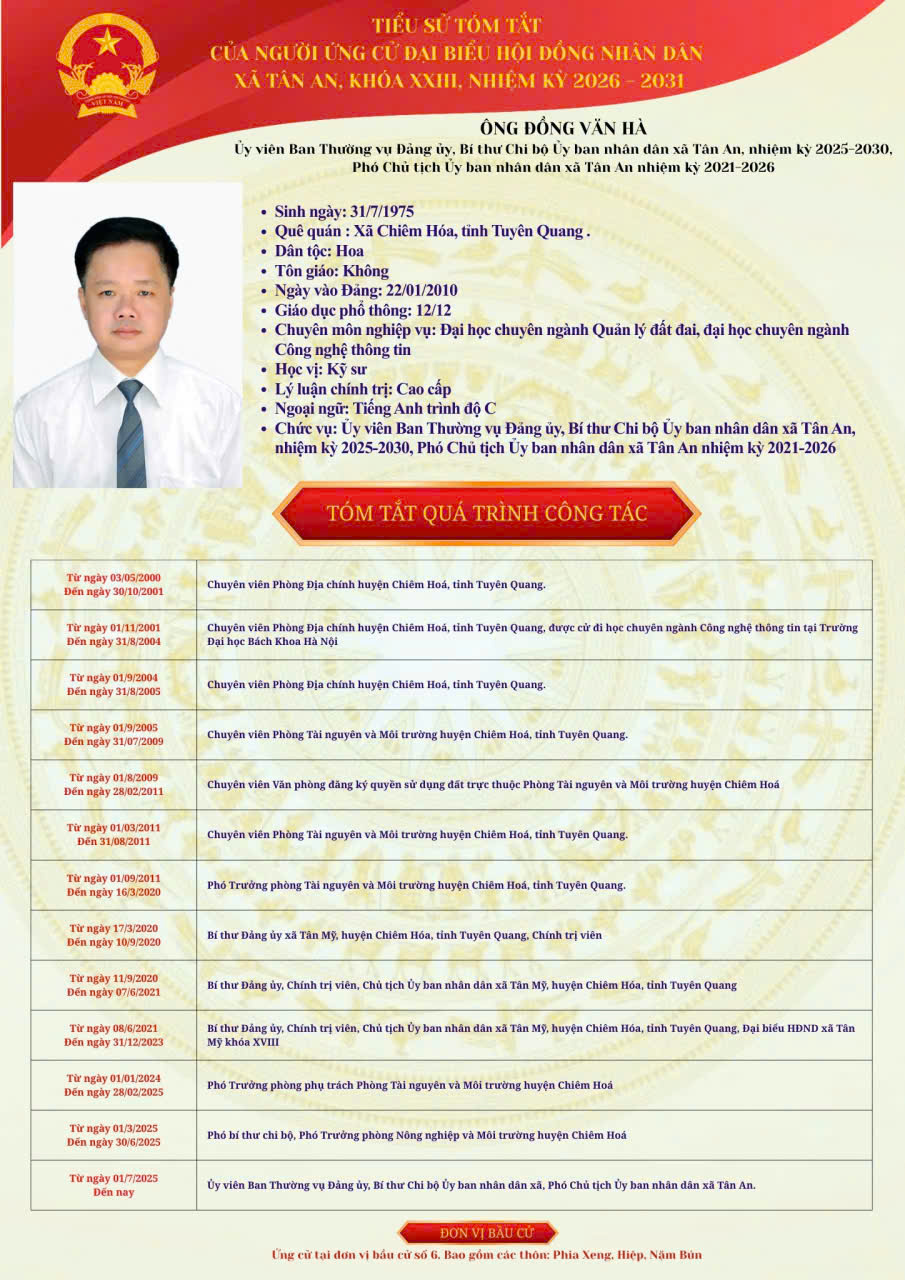Giới thiệu tiểu sử tóm tắt của người ứng cử đại biểu H  ội đồng nhân dân xã Tân An khoá XXIII, nhiệm kỳ 2026-2031 đối với ông Đồng Văn Hà, Uỷ viên Ban Thường vụ Đảng uỷ, Phó Chủ tịch UBND xã Tân An.