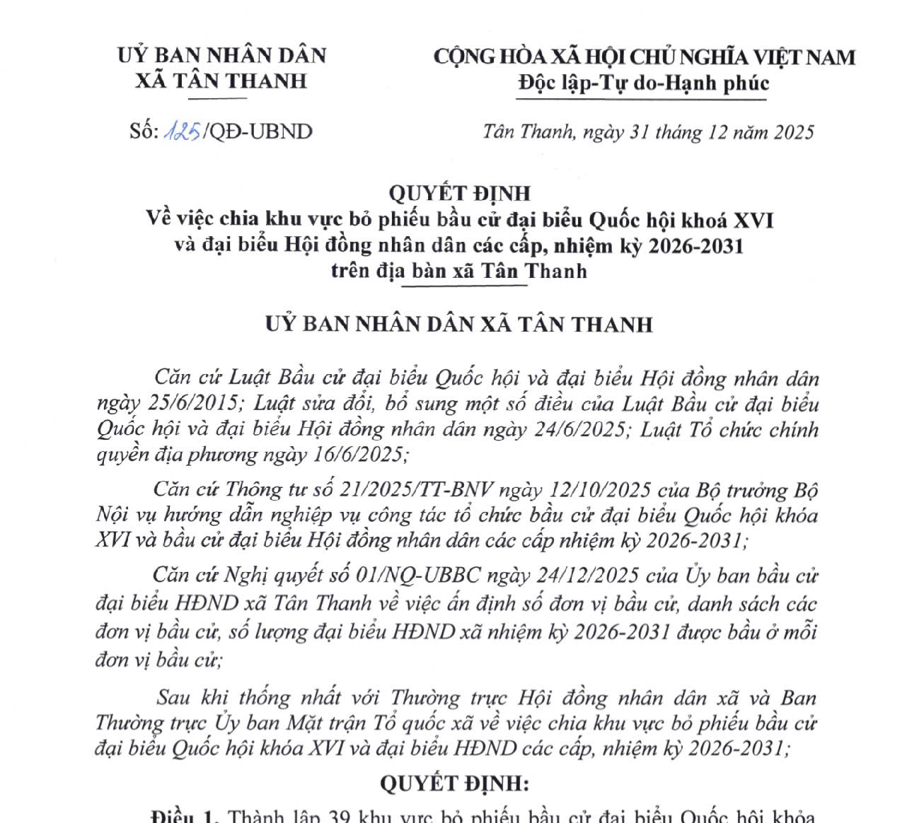 UBND xã Tân Thanh có Quyết định thành lập 39 khu vực bỏ phiếu bầu cử đại biểu Quốc hội khoá XVI và bầu cử đại biểu HĐND các cấp, nhiệm kỳ 2026 - 2031