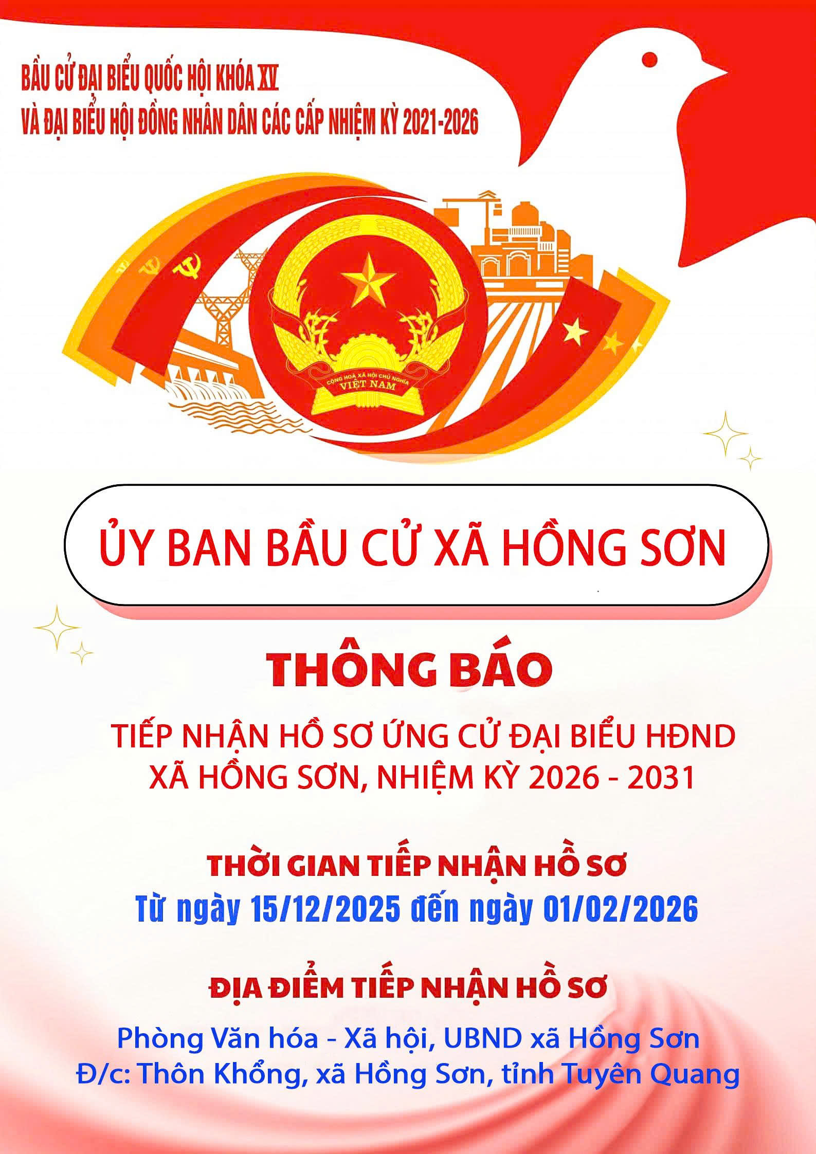 Thông báo tiếp nhận hồ sơ ứng cử đại biểu Hội đồng nhân dân xã Hồng Sơn, nhiệm kỳ 2026 - 2031