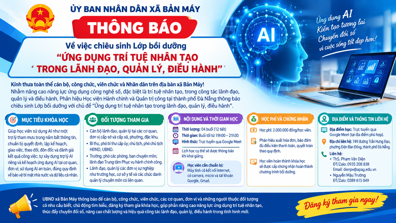 THÔNG BÁO Về việc chiêu sinh Lớp bồi dưỡng “Ứng dụng trí tuệ nhân tạo trong lãnh đạo, quản lý, điều hành”