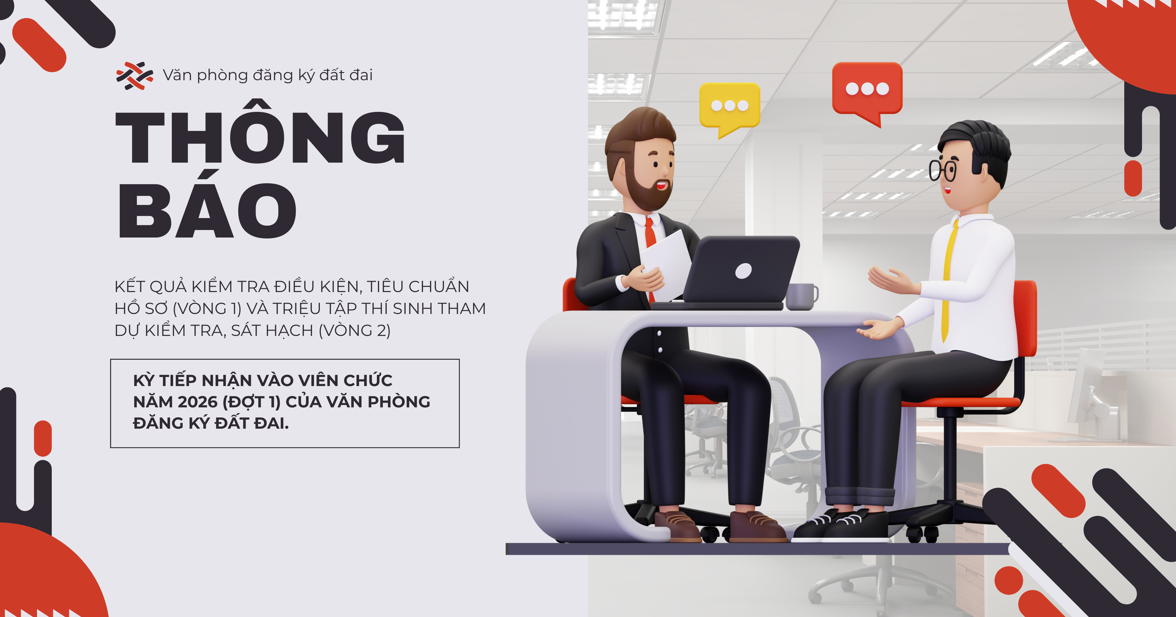 Thông báo Kết quả kiểm tra điều kiện, tiêu chuẩn hồ sơ (Vòng 1) và triệu tập thí sinh tham dự kiểm tra, sát hạch (Vòng 2) kỳ tiếp nhận vào viên chức năm 2026 (đợt 1) của Văn phòng Đăng ký Đất đai.