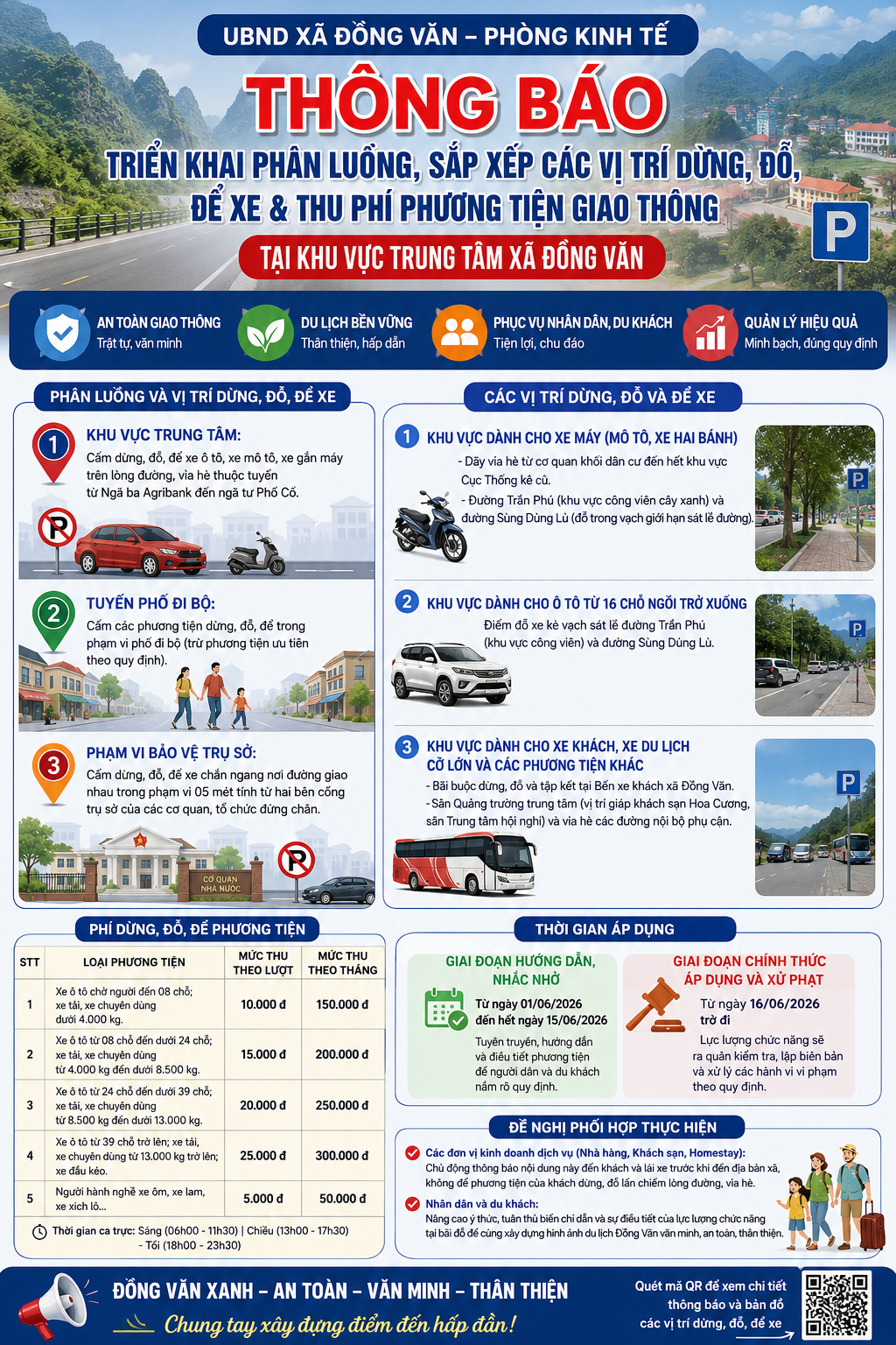 THÔNG BÁO VỀ VIỆC TRIỂN KHAI PHÂN LUỒNG SẮP XẾP CÁC ĐIỂM DỪNG, ĐỖ XE, ĐỂ XE CÓ THU PHÍ PHƯƠNG TIỆN GIAO THÔNG TẠI KHU VỰC TRUNG TÂM XÃ ĐỒNG VĂN