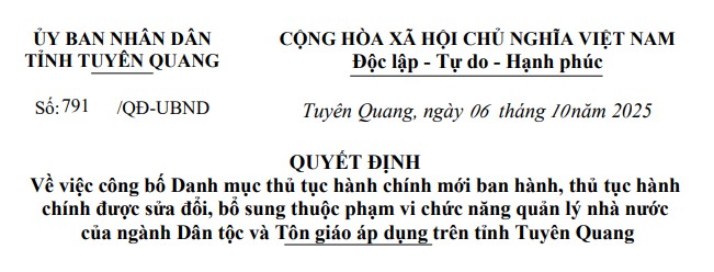 Quyết định về việc công bố Danh mục thủ tục hành chính mới ban hành, thủ tục hành chính được sửa đổi, bổ sung thuộc phạm vi chức năng quản lý nhà nước của ngành Dân tộc và Tôn giáo áp dụng trên tỉnh Tuyên Quang