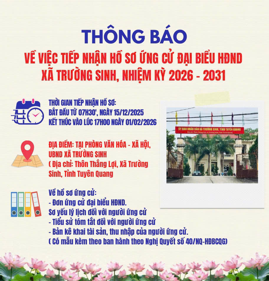 Thông báo thời gian, địa điểm nhận hồ sơ người ứng cử đại biểu Hội đồng nhân dân xã Trường Sinh, nhiệm kỳ 2026 – 2031