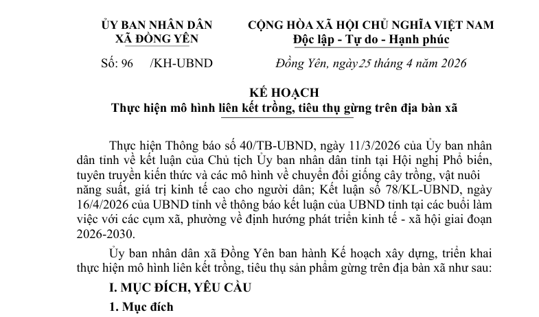 Số: 96/KH-UBND KẾ HOẠCH  Thực hiện mô hình liên kết trồng, tiêu thụ gừng trên địa bàn xã