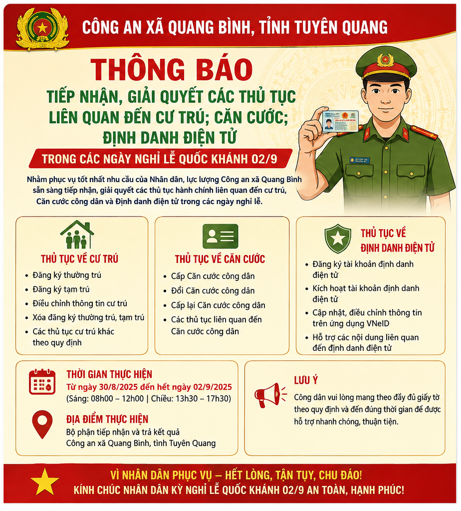 (Quang Bình - Tuyên Quang) Thông báo Về việc tiếp nhận, giải quyết các thủ tục hành chính trong dịp nghỉ lễ Quốc khánh 02/9