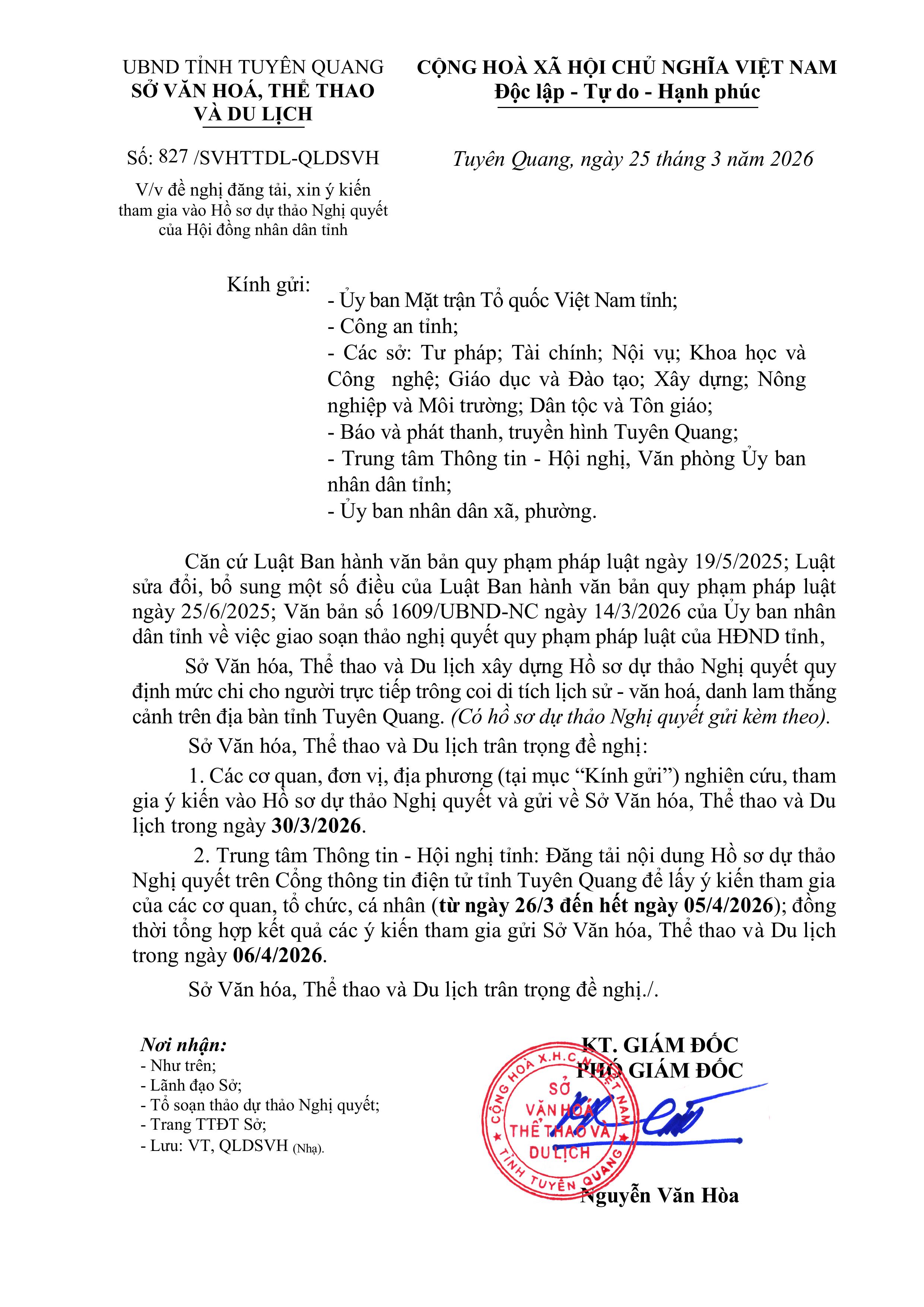 Xin ý kiến tham gia vào dự thảo Nghị quyết quy định mức chi cho người trực tiếp trông coi di tích lịch sử - văn hoá, danh lam thắng cảnh trên địa bàn tỉnh Tuyên Quang
