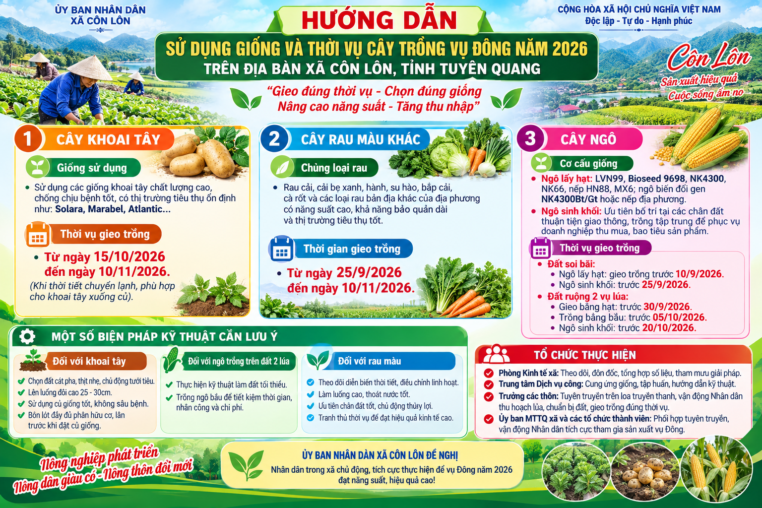HƯỚNG DẪN Sử dụng giống và thời vụ cây trồng vụ Đông năm 2026 trên địa bàn xã Côn Lôn, tỉnh Tuyên Quang.
