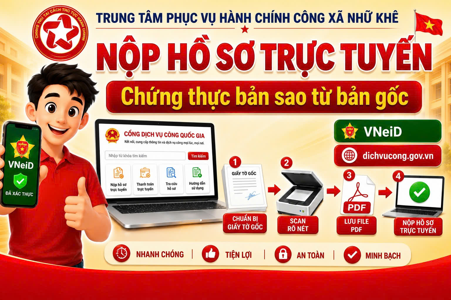 Trung tâm phục vụ Hành chính công xã Nhữ Khê, hướng dẫn công dân làm thủ tục chứng thực bản sao điện tử từ bản chính, trên cổng Dịch vụ công quốc gia.