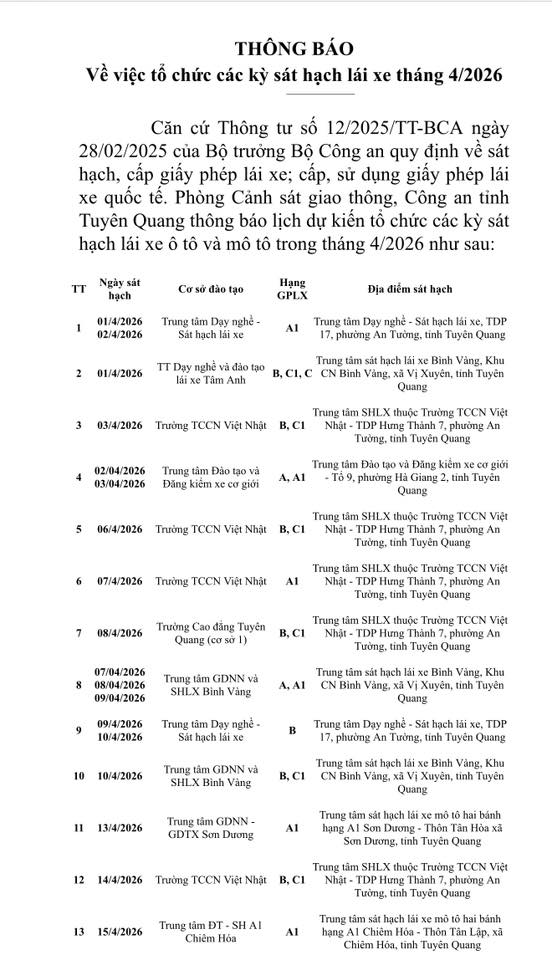THÔNG BÁO LỊCH DỰ KIẾN CÁC KỲ SÁT HẠCH LÁI XE THÁNG 4/2026