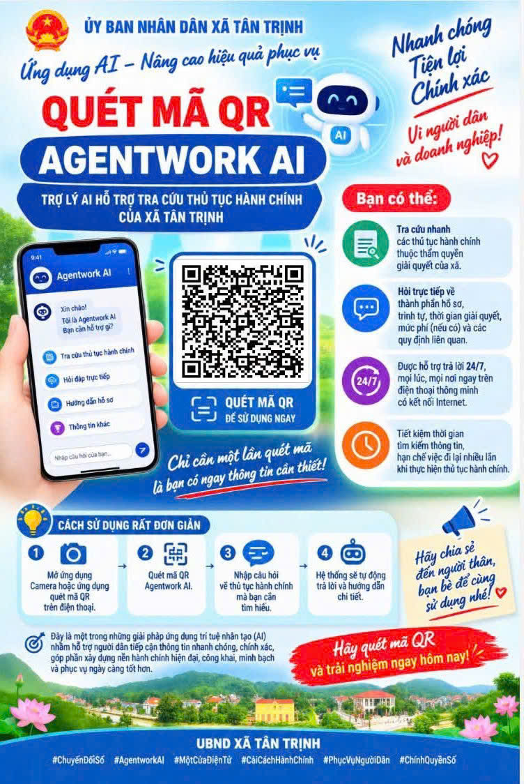 XÃ TÂN TRỊNH TRIỂN KHAI MÃ QR “AGENTWORK AI” – TRỢ LÝ AI HỖ TRỢ TRA CỨU THỦ TỤC HÀNH CHÍNH