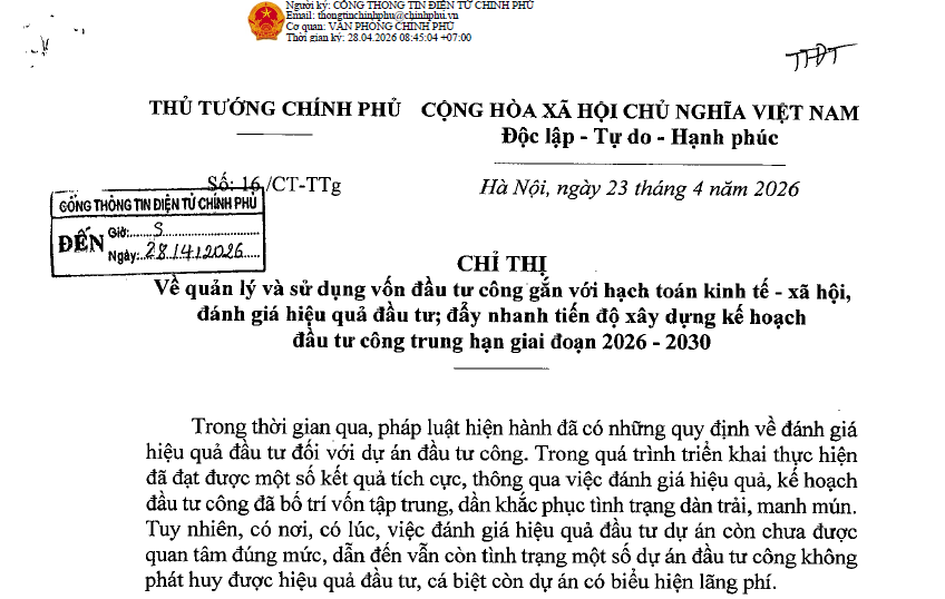 Chỉ thị số 16/CT-TTg của Thủ tướng Chính phủ: Về quản lý và sử dụng vốn đầu tư công gắn với hạch toán kinh tế - xã hội, đánh giá hiệu quả đầu tư; đẩy nhanh tiến độ xây dựng kế hoạch đầu tư công trung hạn giai đoạn 2026 - 2030
