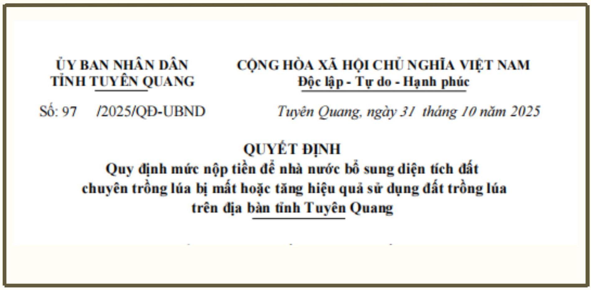 UBND tỉnh quy định mức nộp tiền để nhà nước bổ sung diện tích đất chuyên trồng lúa bị mất hoặc tăng hiệu quả sử dụng đất trồng lúa trên địa bàn tỉnh