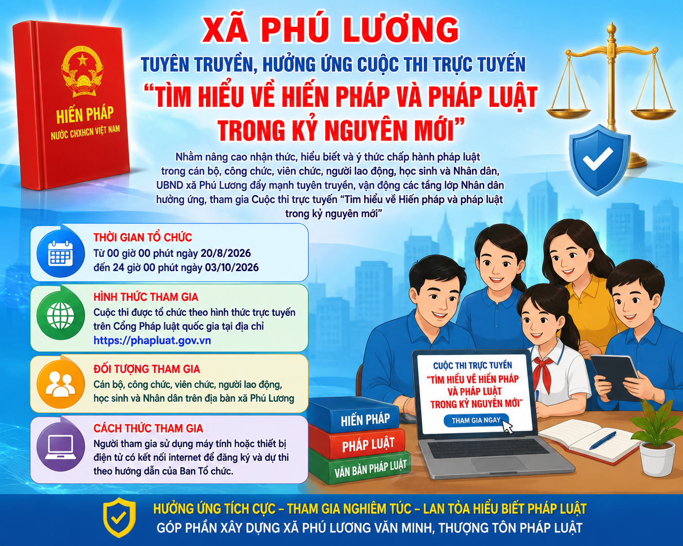 XÃ PHÚ LƯƠNG TUYÊN TRUYỀN, HƯỞNG ỨNG CUỘC THI TRỰC TUYẾN “TÌM HIỂU VỀ HIẾN PHÁP VÀ PHÁP LUẬT TRONG KỶ NGUYÊN MỚI”