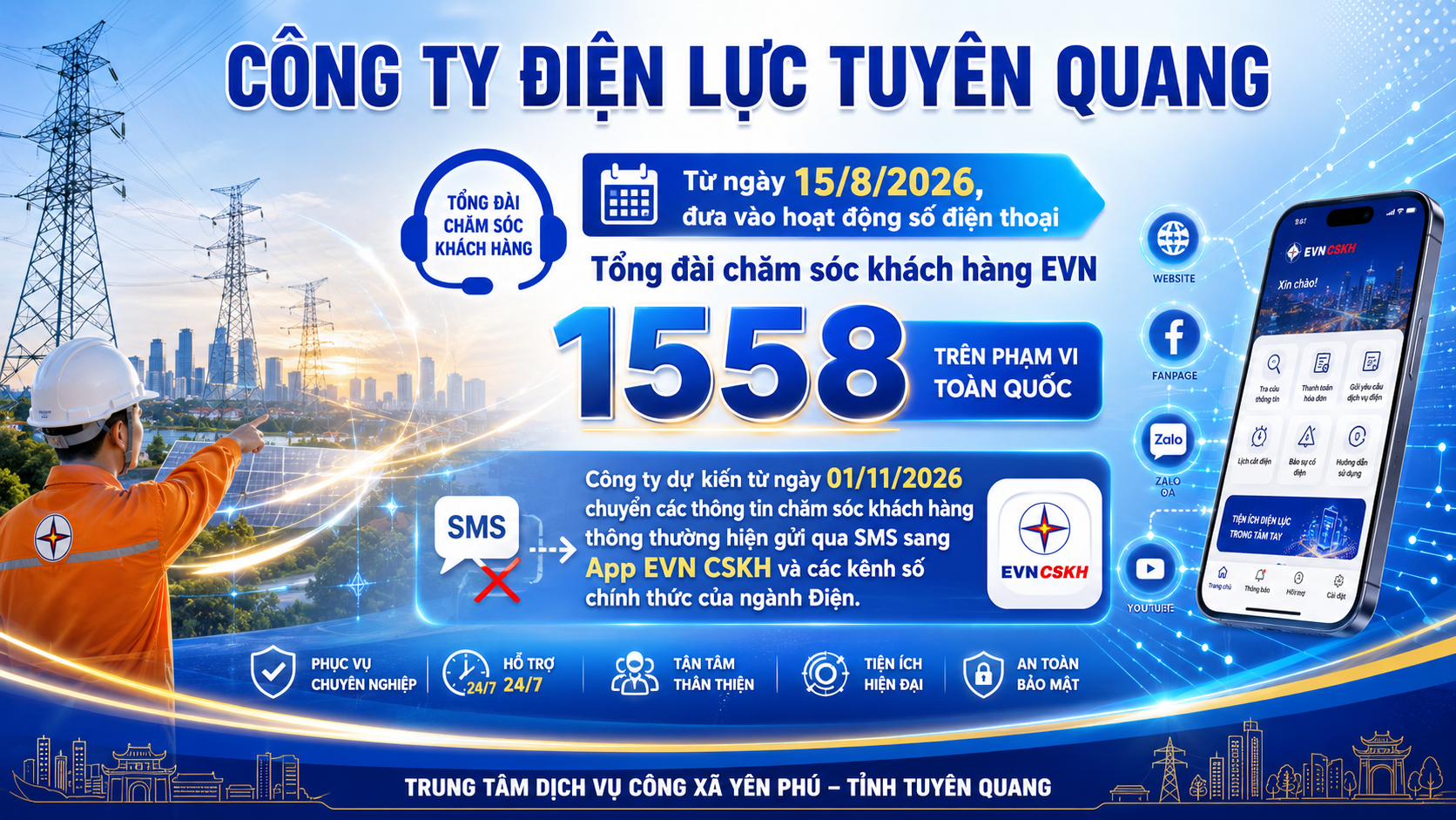 CÔNG TY ĐIỆN LỰC TUYÊN QUANG THÔNG BÁO VỀ SỬ DỤNG APP EVN CSKH VÀ TỔNG ĐÀI 1588