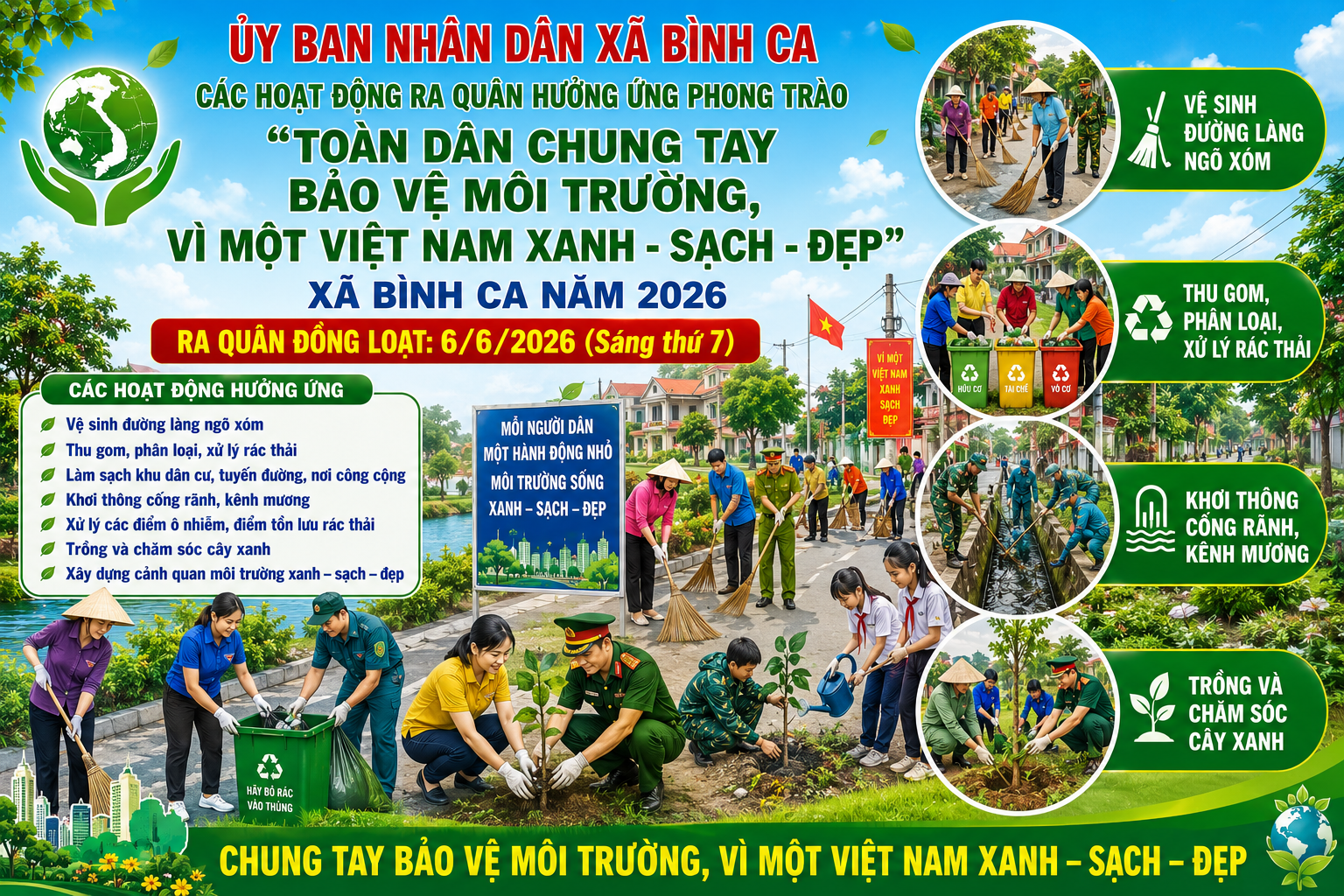 Xã Bình Ca sẽ đồng loạt tổ chức ra quân vệ sinh môi trường trên địa bàn xã vào sáng ngày 6/6/2026