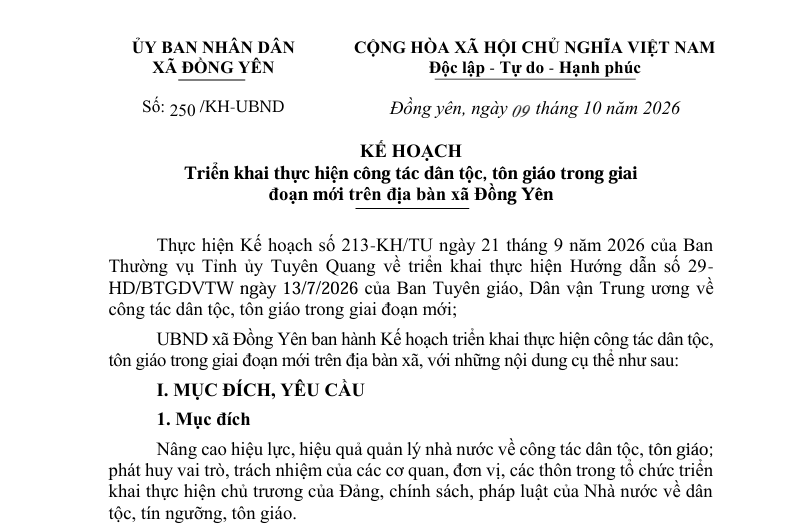 Số: 250/KH-UBND  KẾ HOẠCH  Triển khai thực hiện công tác dân tộc, tôn giáo trong giai  đoạn mới trên địa bàn xã Đồng Yên 