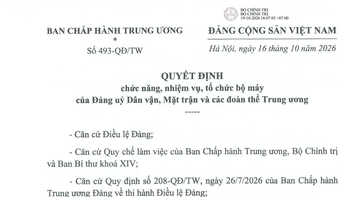 Quyết định mới về bộ máy của Đảng ủy Dân vận, Mặt trận và các đoàn thể Trung ương