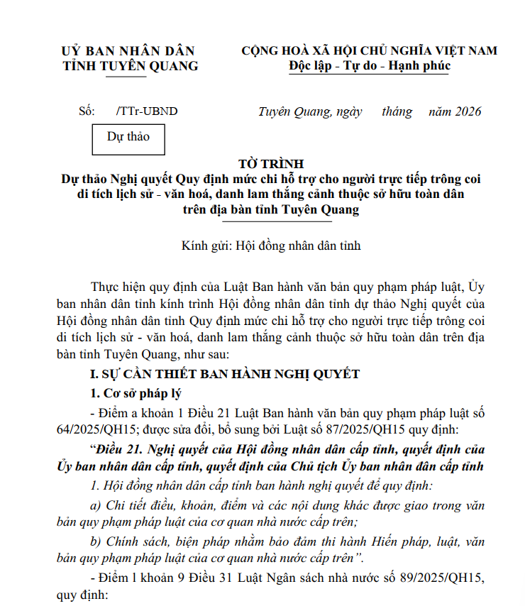 Tổng hợp ý kiến, tiếp thu giải trình ý kiến góp ý dự thảo Nghị quyết quy định mức chi hỗ trợ cho người trực tiếp trông coi di tích lịch sử - văn hoá, danh lam thắng cảnh thuộc sở hữu toàn dân trên địa bàn tỉnh Tuyên Quang