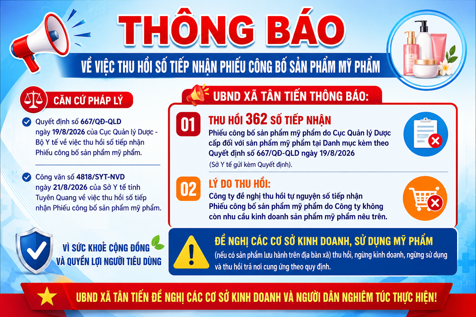 THÔNG BÁO Về việc thu hồi số tiếp nhận Phiếu công bố sản phẩm mỹ phẩm