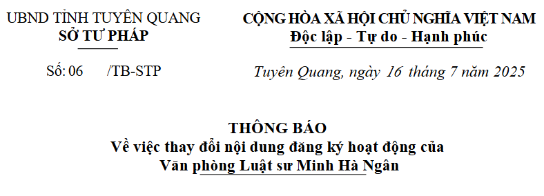 Thông báo về việc thay đổi nội dung đăng ký hoạt động của Văn phòng Luật sư Minh Hà Ngân
