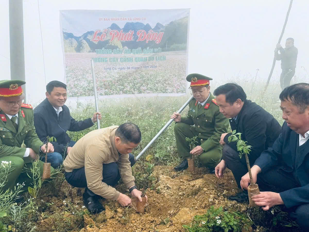 CÔNG AN XÃ LŨNG CÚ THAM GIA TRỒNG CÂY ĂN QUẢ GẮN VỚI PHÁT TRIỂN DU LỊCH XANH TẠI ĐỊA BÀN