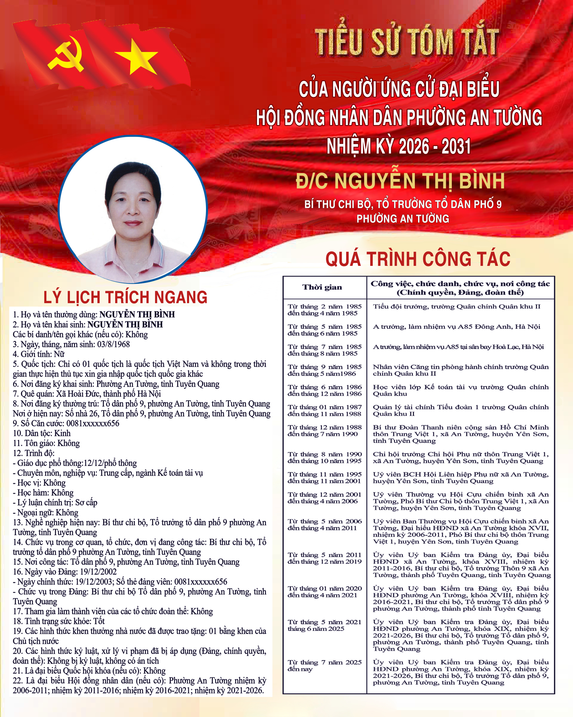 TIỂU SỬ TÓM TẮT NHỮNG NGƯỜI ỨNG CỬ ĐẠI BIỂU HĐND PHƯỜNG AN TƯỜNG KHÓA XX, NHIỆM KỲ 2026 - 2031 TẠI ĐƠN VỊ BẦU CỬ SỐ 2