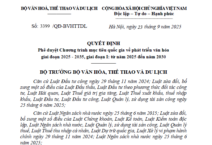 Quyết định phê duyệt Chương trình mục tiêu quốc gia về phát triển văn hóa giai đoạn 2025 - 2035, giai đoạn I: từ năm 2025 đến năm 2030