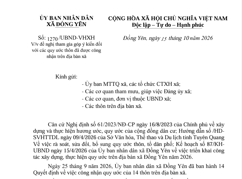 Số: 1279/UBND-VHXH  V/v đề nghị tham gia góp ý kiến đối  với các quy ước thôn đã được công  nhận trên địa bàn xã 