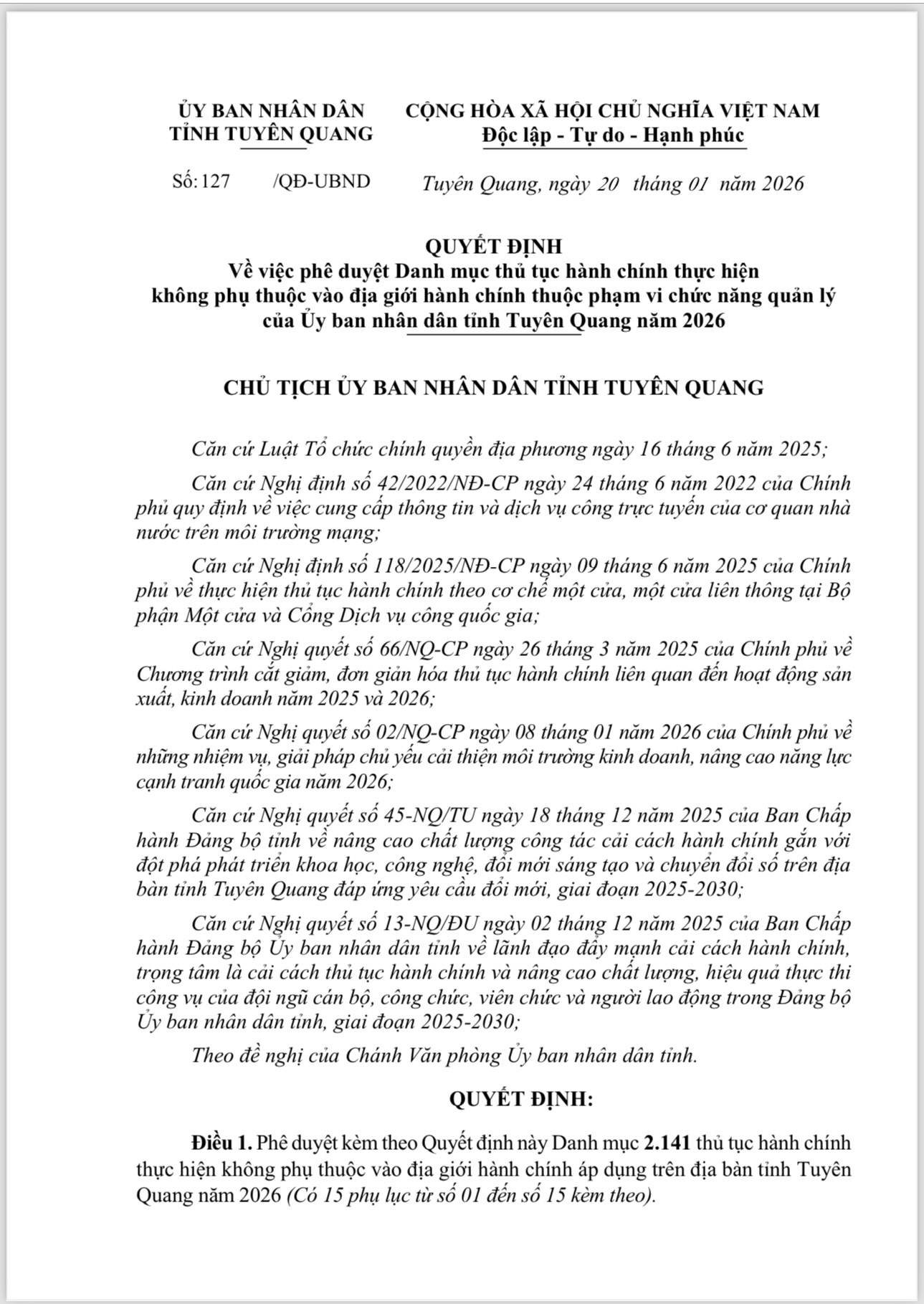 QUYẾT ĐỊNH Về việc phê duyệt Danh mục thủ tục hành chính thực hiện không phụ thuộc vào địa giới hành chính thuộc phạm vi chức năng quản lý của Ủy ban nhân dân tỉnh Tuyên Quang năm 2026