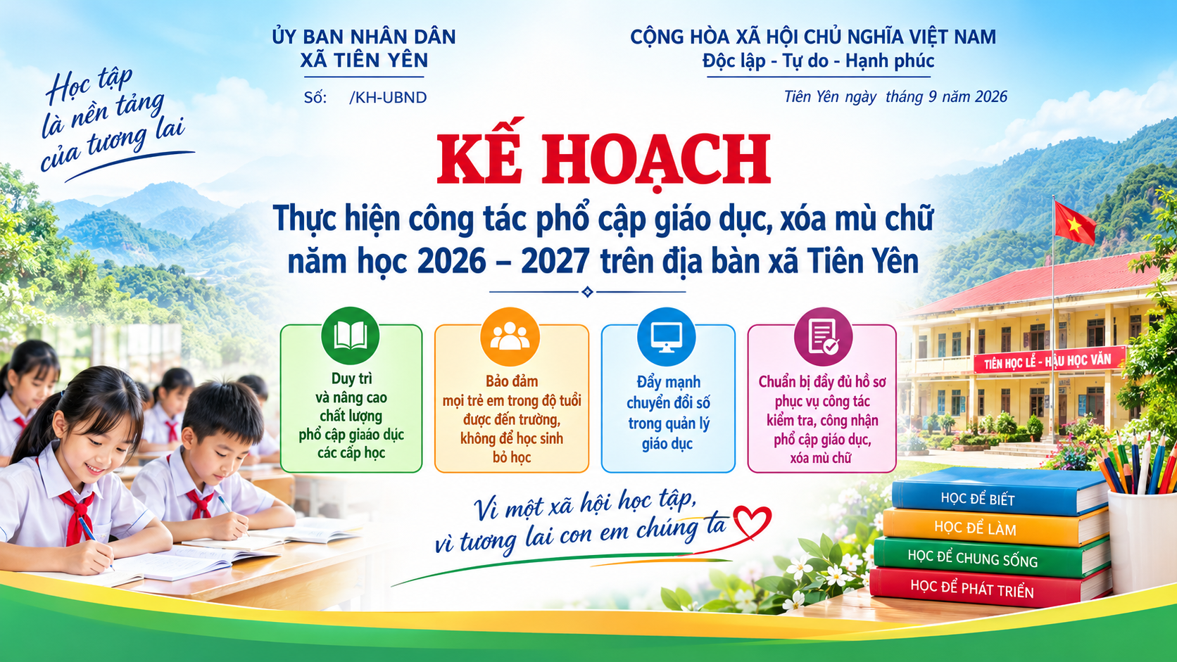 Kế hoạch thực hiện công tác phổ cập giáo dục, xóa mù chữ năm học 2026-2027 trên địa bàn xã Tiên Yên