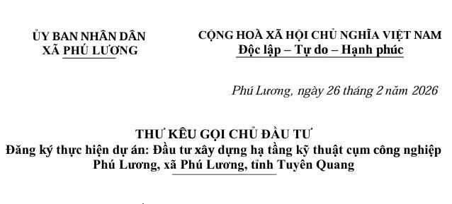 UBND xã Phú Lương ban hành Thư kêu gọi chủ đầu tư thực hiện dự án xây dựng hạ tầng kỹ thuật Cụm công nghiệp Phú Lương